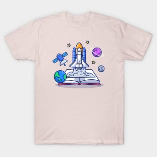 Space Shuttle With Book, Satellite And Planets T-Shirt